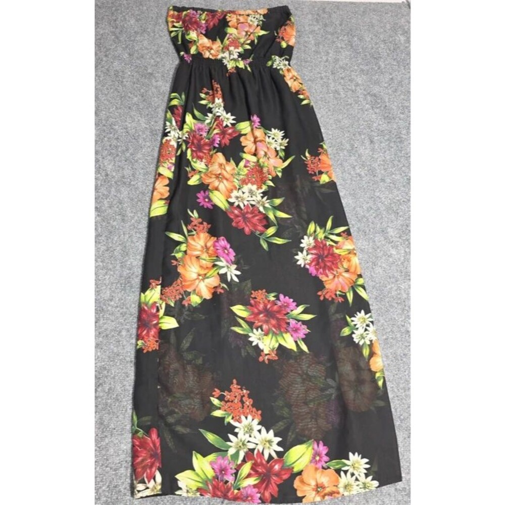 Black Tropical Floral Strapless Maxi Dress Size Medium